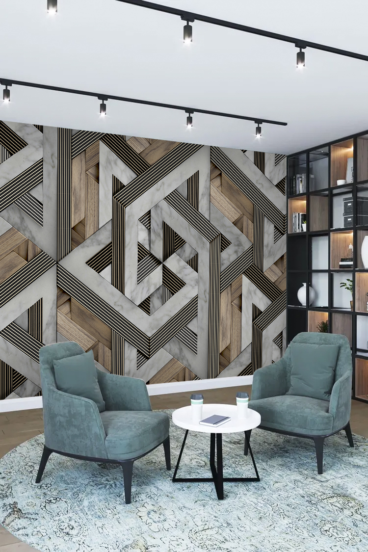 Ahşap ve Gri Geometrik Desenli Duvar Kağıdı - Görsel 2