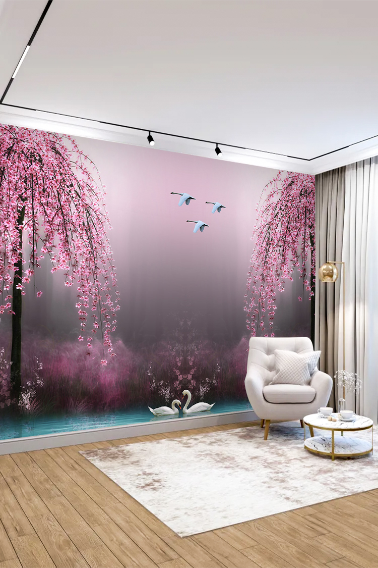 Kiraz Çiçekleri ve Kuğularla Bahar Manzarası Duvar Kağıdı - Görsel 4