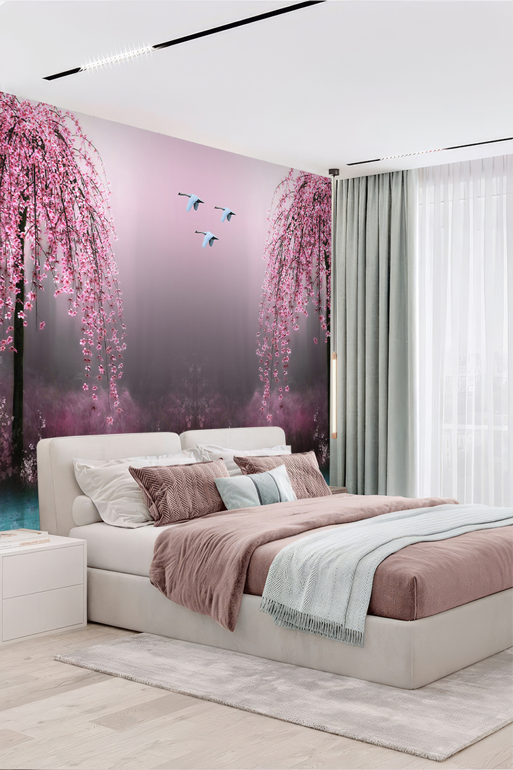 Kiraz Çiçekleri ve Kuğularla Bahar Manzarası Duvar Kağıdı - Görsel 5