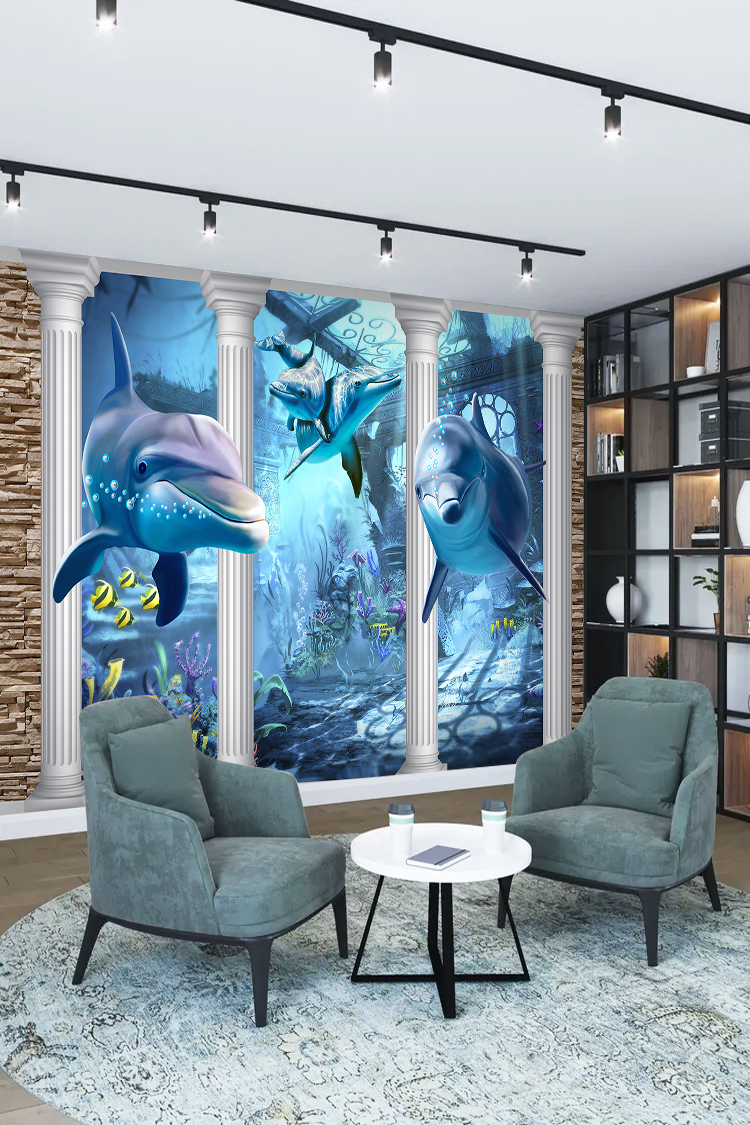 Yunuslar ve Denizaltı Manzarası – Okyanus Temalı Duvar Kağıdı - Görsel 2