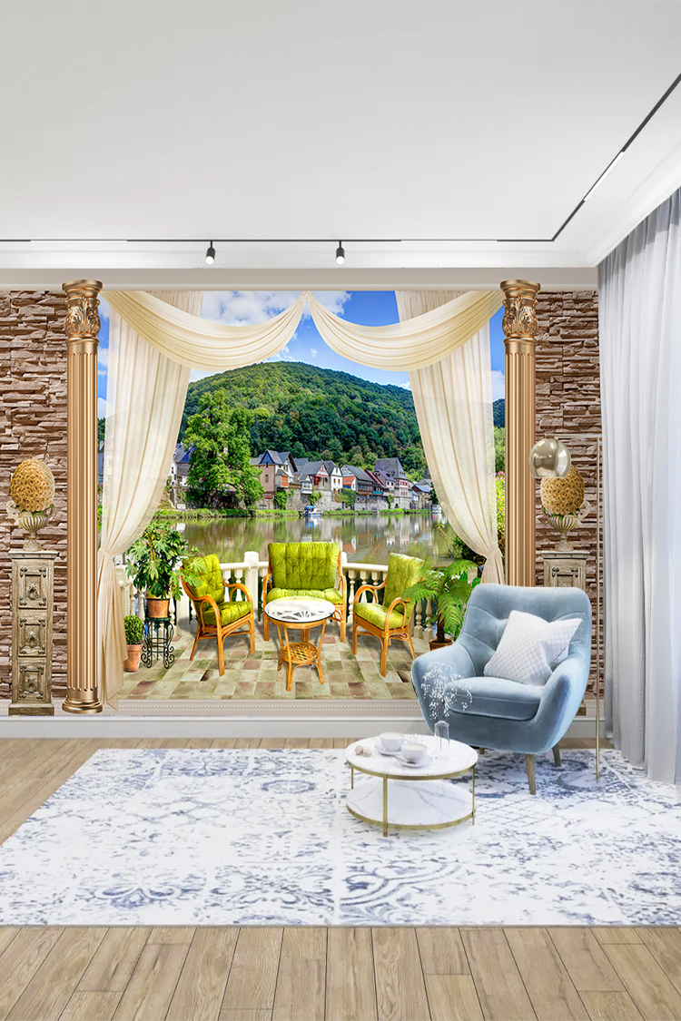 Doğal Manzara ve Balkon Tasarımı Duvar Kağıdı - Görsel 3