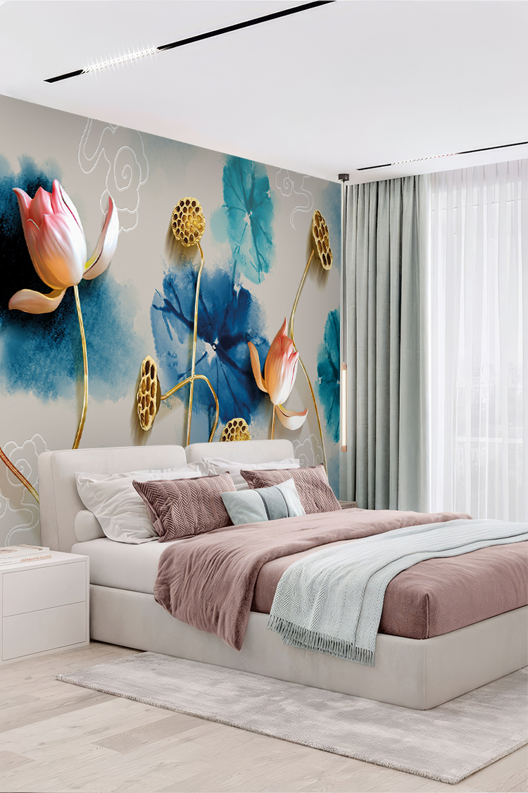 Lotus Çiçekli 3D Duvar Kağıdı - Görsel 6