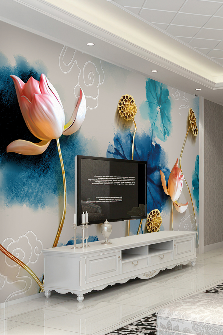 Lotus Çiçekli 3D Duvar Kağıdı