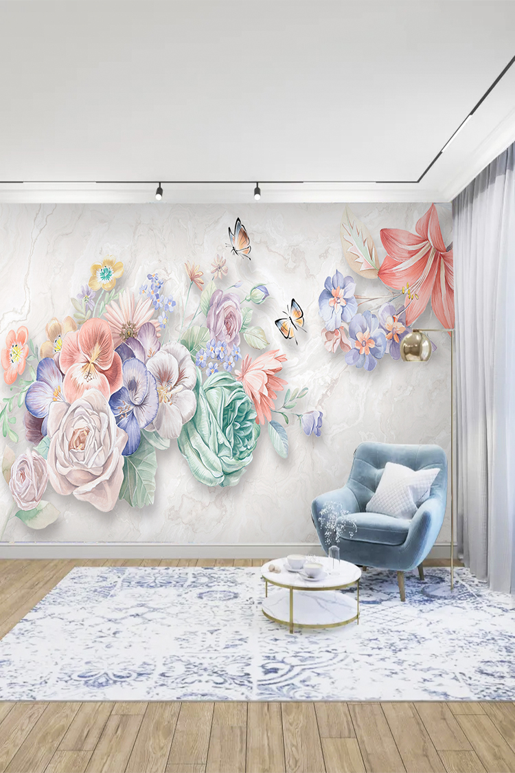 Renkli Çiçekli 3D Duvar Kağıdı - Görsel 3