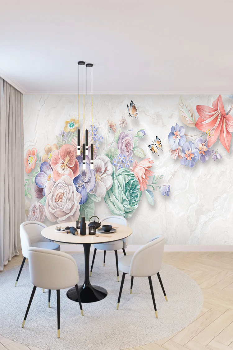 Renkli Çiçekli 3D Duvar Kağıdı - Görsel 5