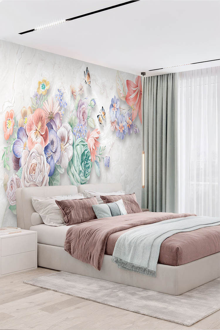 Renkli Çiçekli 3D Duvar Kağıdı