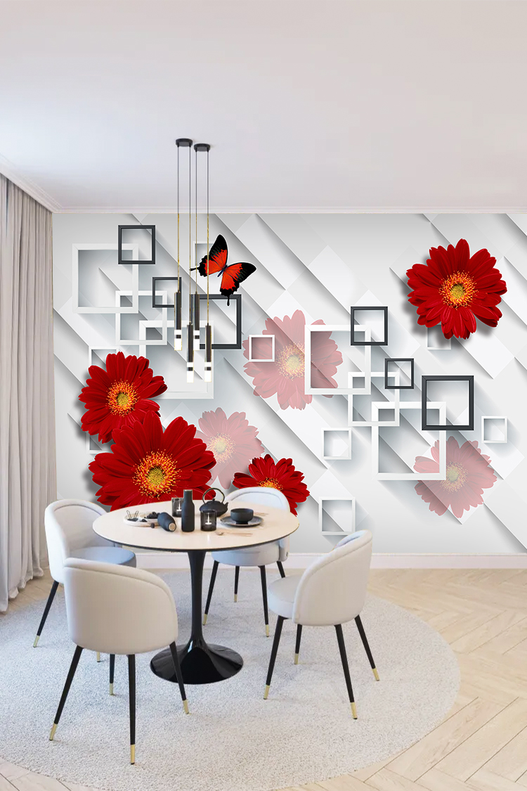 Modern Kırmızı Çiçek ve Kare Desenli Duvar Kağıdı - Görsel 5