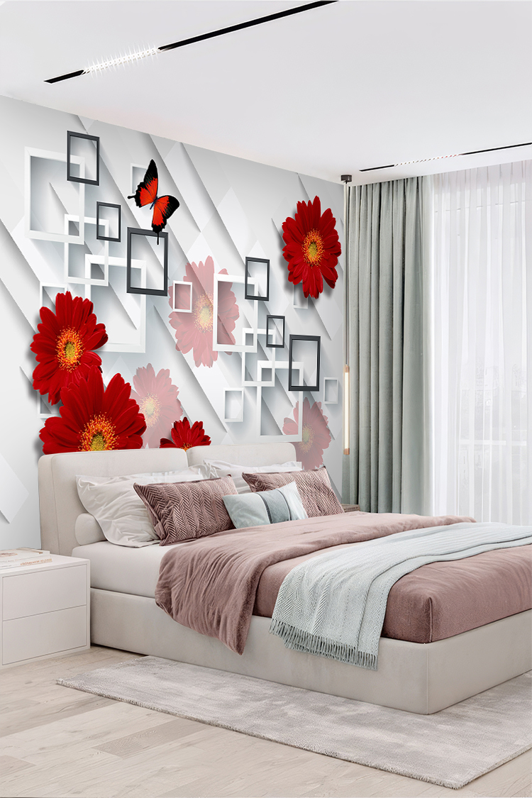 Modern Kırmızı Çiçek ve Kare Desenli Duvar Kağıdı - Görsel 6