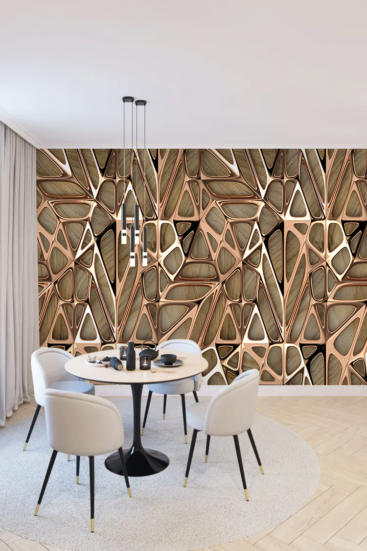 Ahşap ve Beyaz Geometrik Desenli Duvar Kağıdı