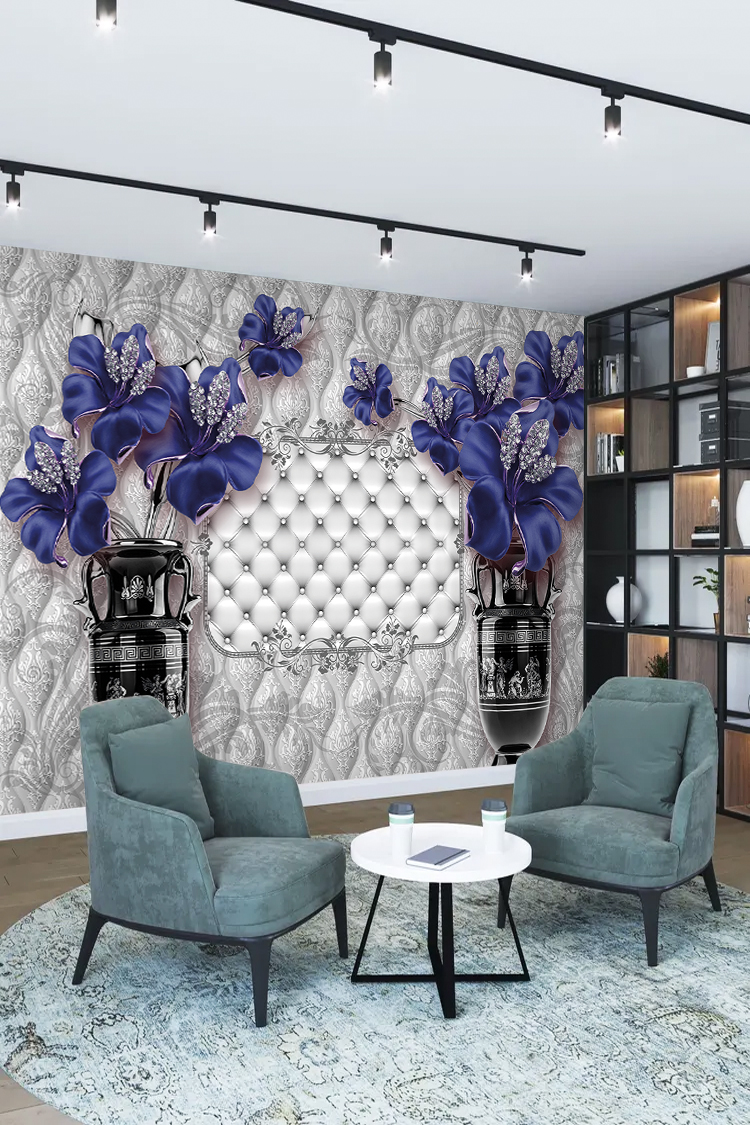 Mor Mavi Çiçekli Lüks 3D Duvar Kağıdı - Görsel 2