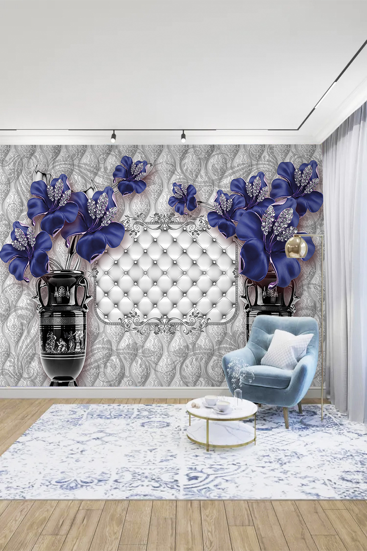 Mor Mavi Çiçekli Lüks 3D Duvar Kağıdı - Görsel 3