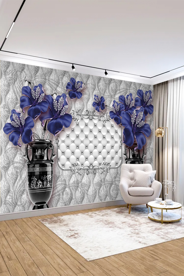 Mor Mavi Çiçekli Lüks 3D Duvar Kağıdı