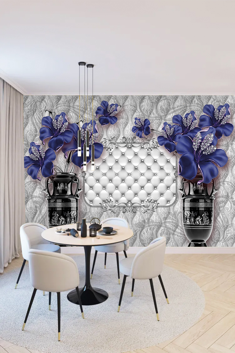Mor Mavi Çiçekli Lüks 3D Duvar Kağıdı - Görsel 4
