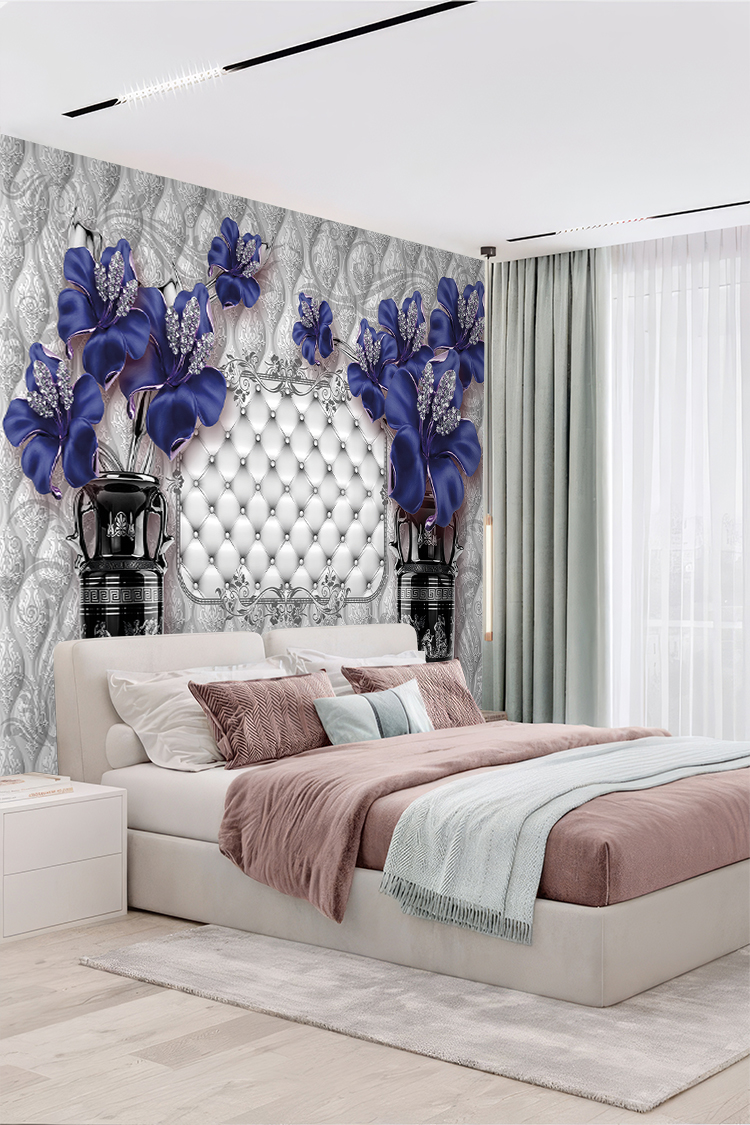Mor Mavi Çiçekli Lüks 3D Duvar Kağıdı - Görsel 5