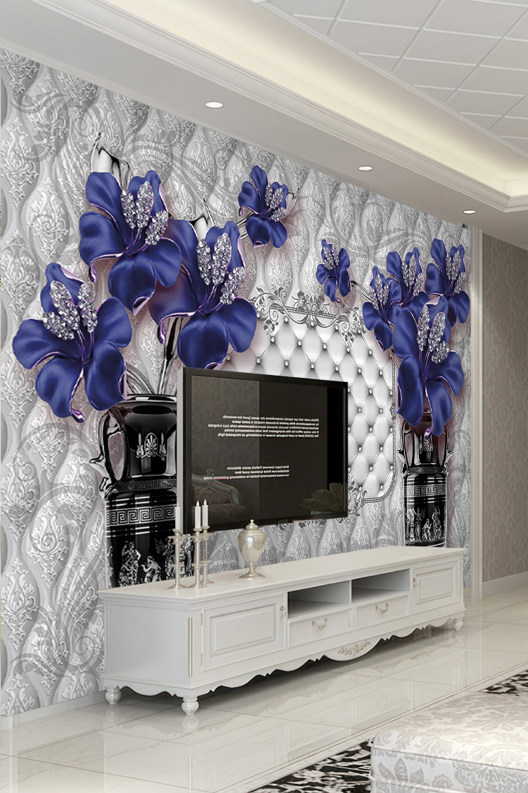 Mor Mavi Çiçekli Lüks 3D Duvar Kağıdı - Görsel 6