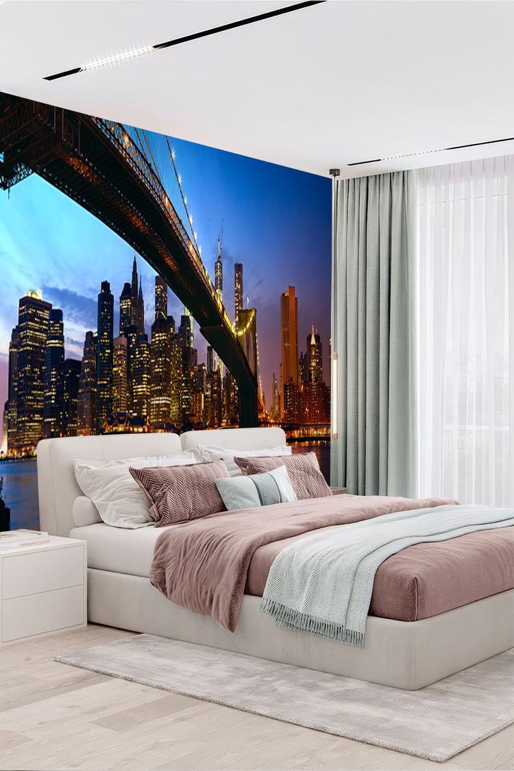 Brooklyn Bridge ve New York Gece Manzaralı Duvar Kağıdı - Görsel 2