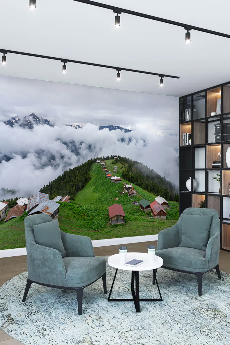 Dağ Evi ve Bulutlar Arasında Doğal Manzara Duvar Kağıdı - Görsel 2