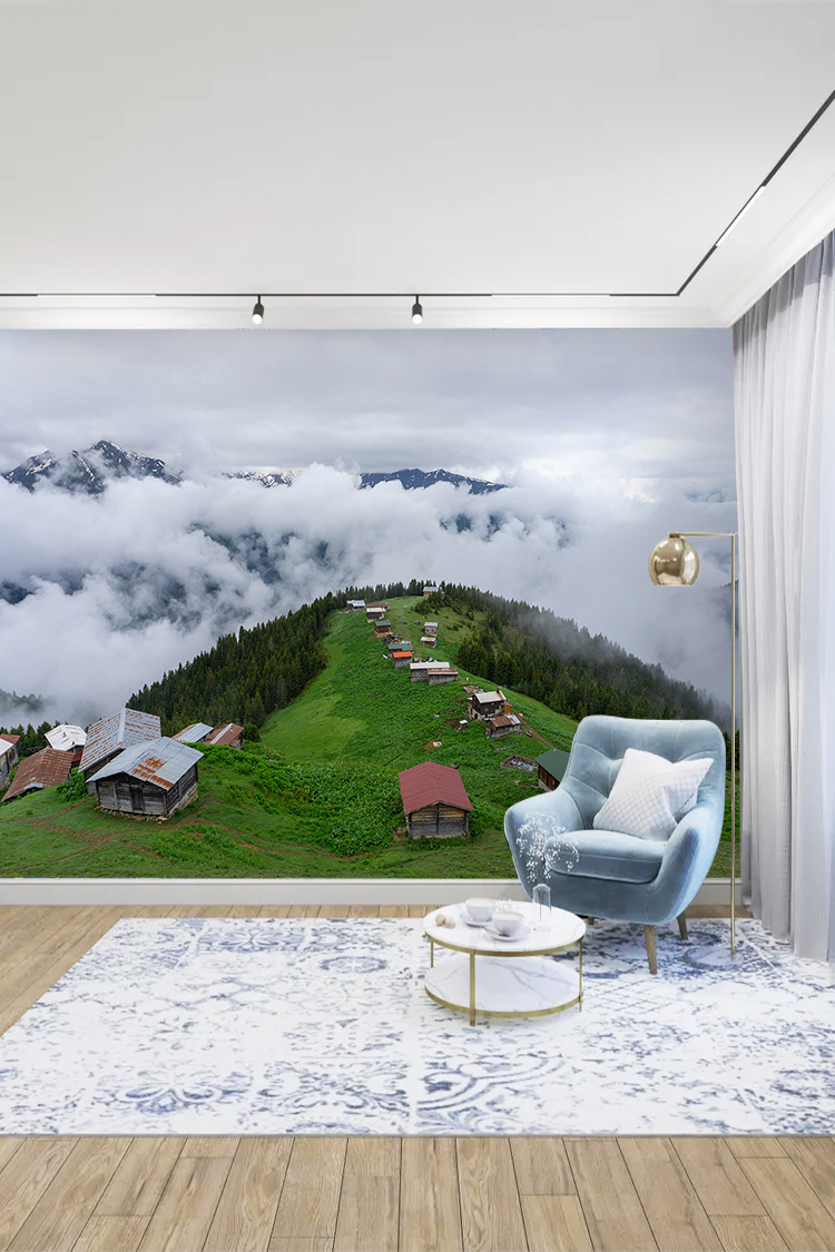 Dağ Evi ve Bulutlar Arasında Doğal Manzara Duvar Kağıdı - Görsel 3