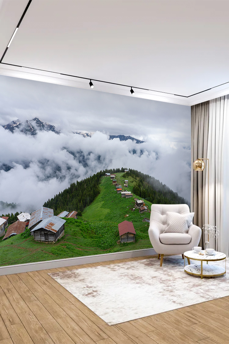 Dağ Evi ve Bulutlar Arasında Doğal Manzara Duvar Kağıdı - Görsel 4