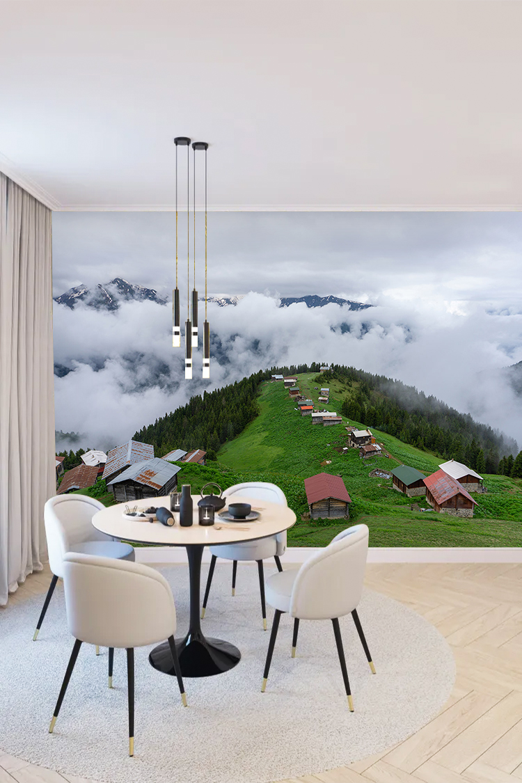 Dağ Evi ve Bulutlar Arasında Doğal Manzara Duvar Kağıdı
