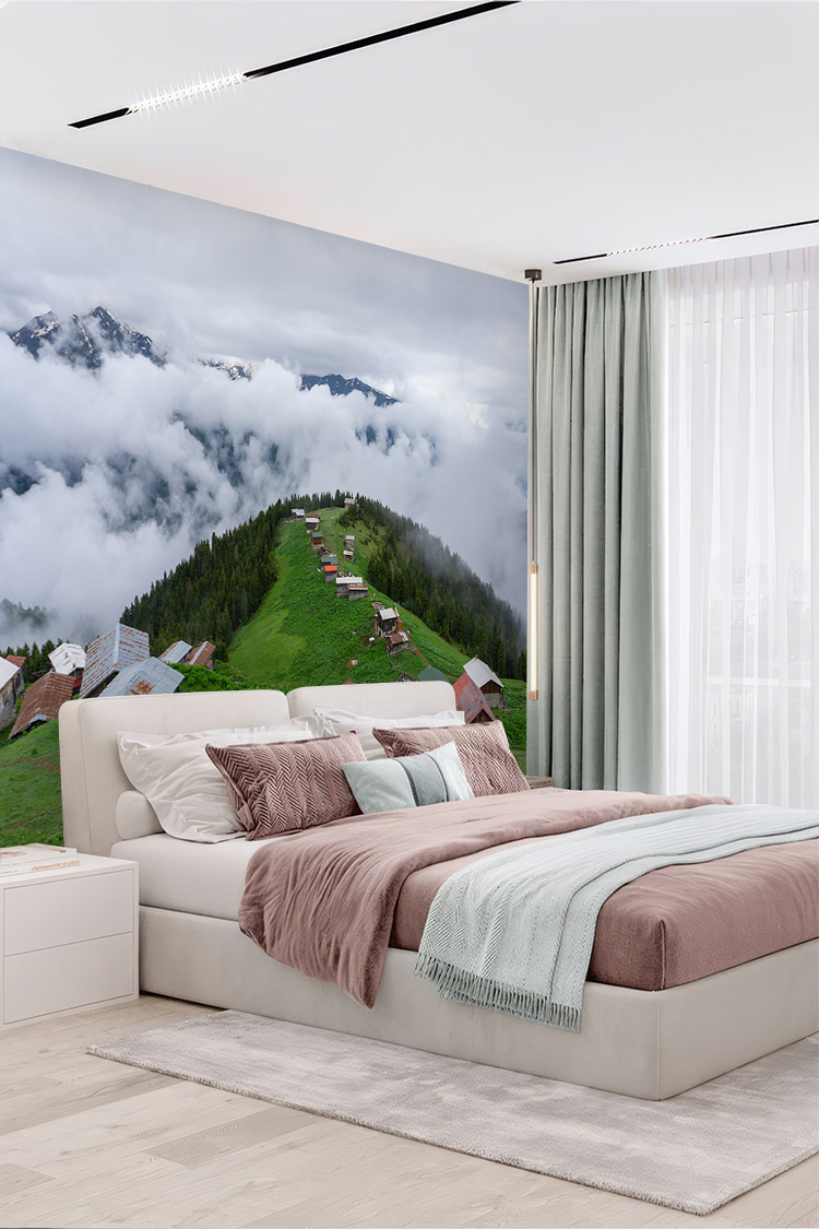 Dağ Evi ve Bulutlar Arasında Doğal Manzara Duvar Kağıdı - Görsel 5