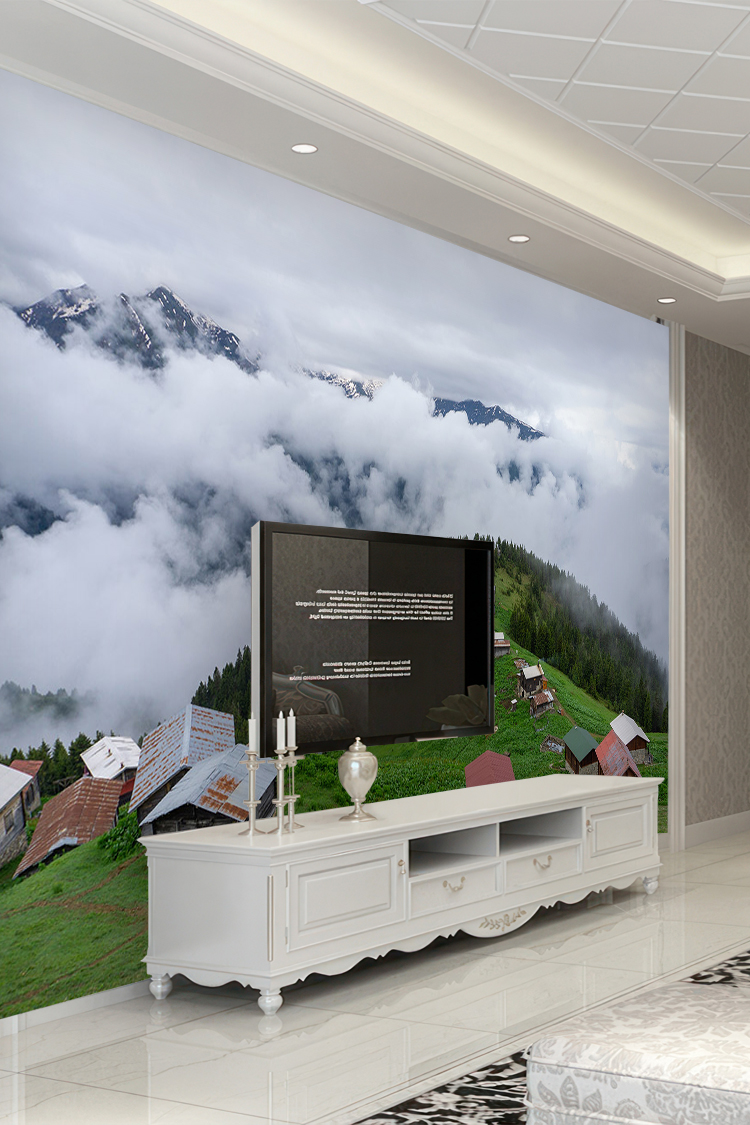 Dağ Evi ve Bulutlar Arasında Doğal Manzara Duvar Kağıdı - Görsel 6
