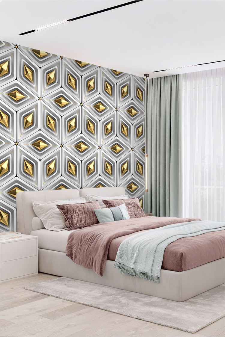 Altın ve Beyaz Geometrik Desenli Duvar Kağıdı – - Görsel 5