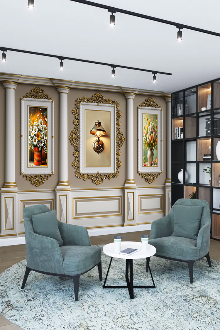 Altın Çerçeveli Klasik Çiçekli Duvar Kağıdı - Görsel 2