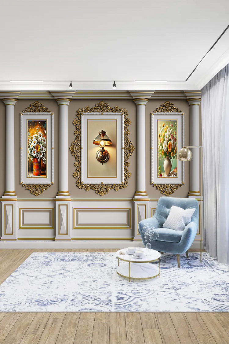 Altın Çerçeveli Klasik Çiçekli Duvar Kağıdı - Görsel 3