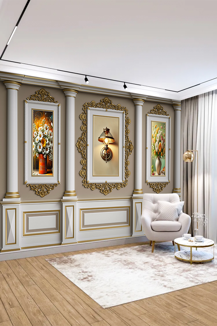 Altın Çerçeveli Klasik Çiçekli Duvar Kağıdı - Görsel 4