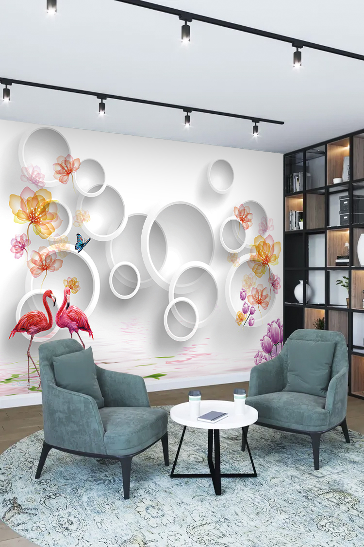 3D Flamingolu ve Çiçekli Modern Duvar Kağıdı - Görsel 2