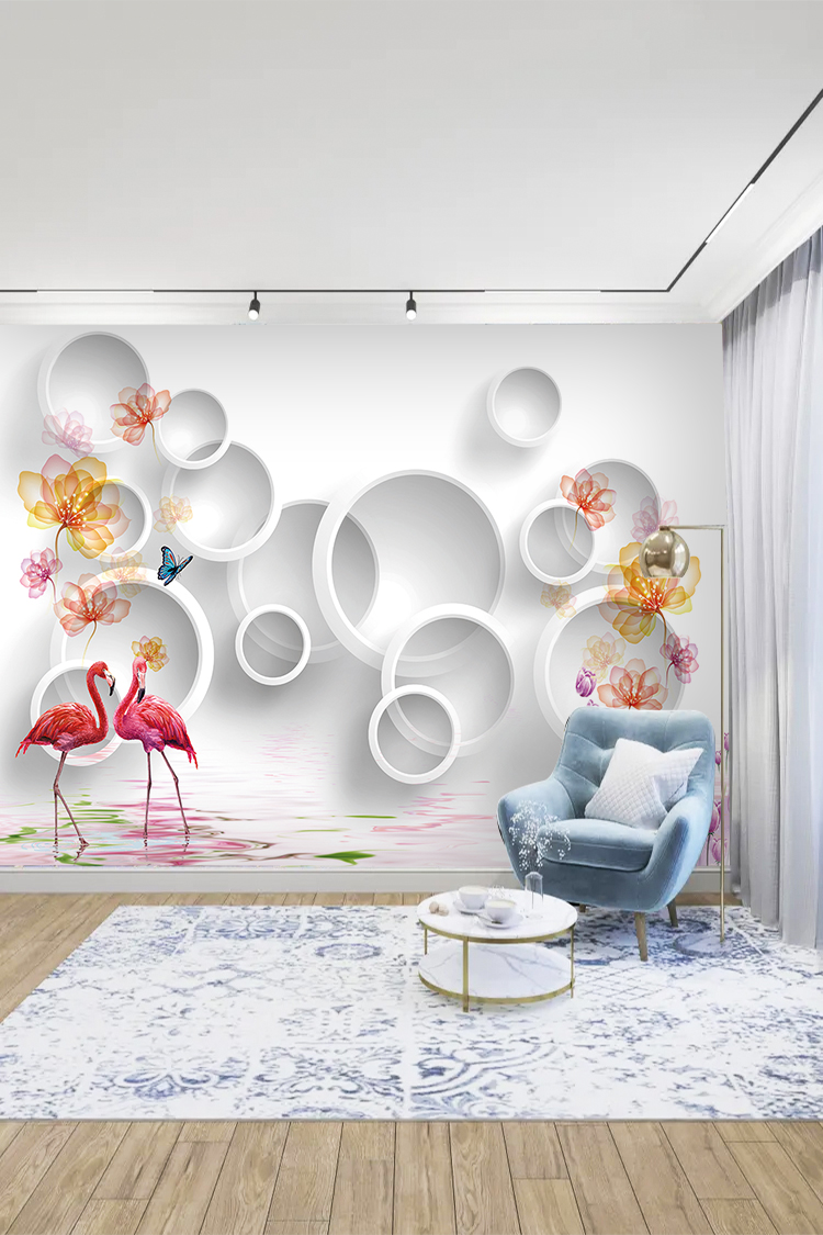 3D Flamingolu ve Çiçekli Modern Duvar Kağıdı - Görsel 3
