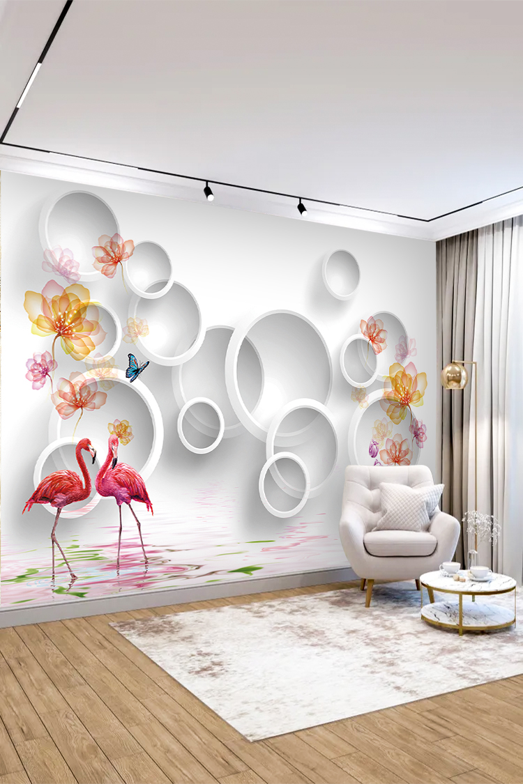3D Flamingolu ve Çiçekli Modern Duvar Kağıdı - Görsel 4