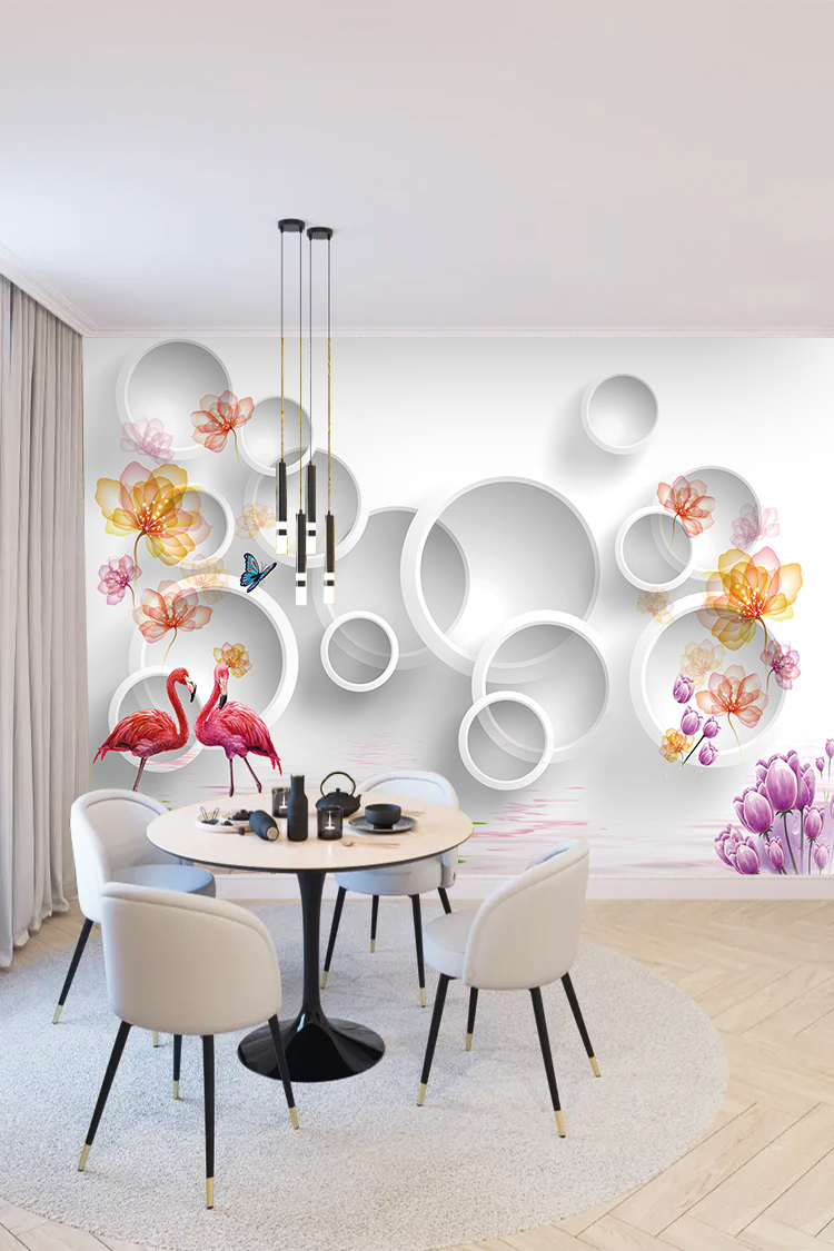 3D Flamingolu ve Çiçekli Modern Duvar Kağıdı