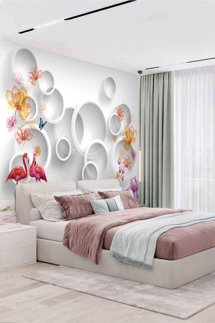 3D Flamingolu ve Çiçekli Modern Duvar Kağıdı - Görsel 5