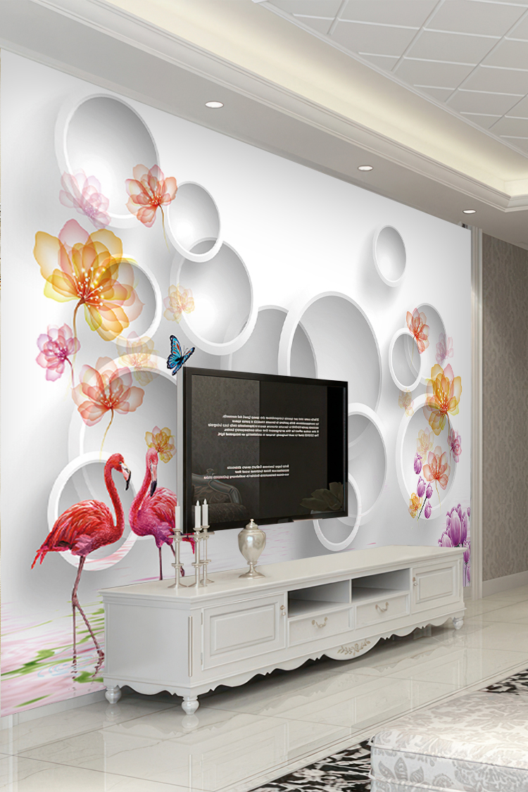 3D Flamingolu ve Çiçekli Modern Duvar Kağıdı - Görsel 6