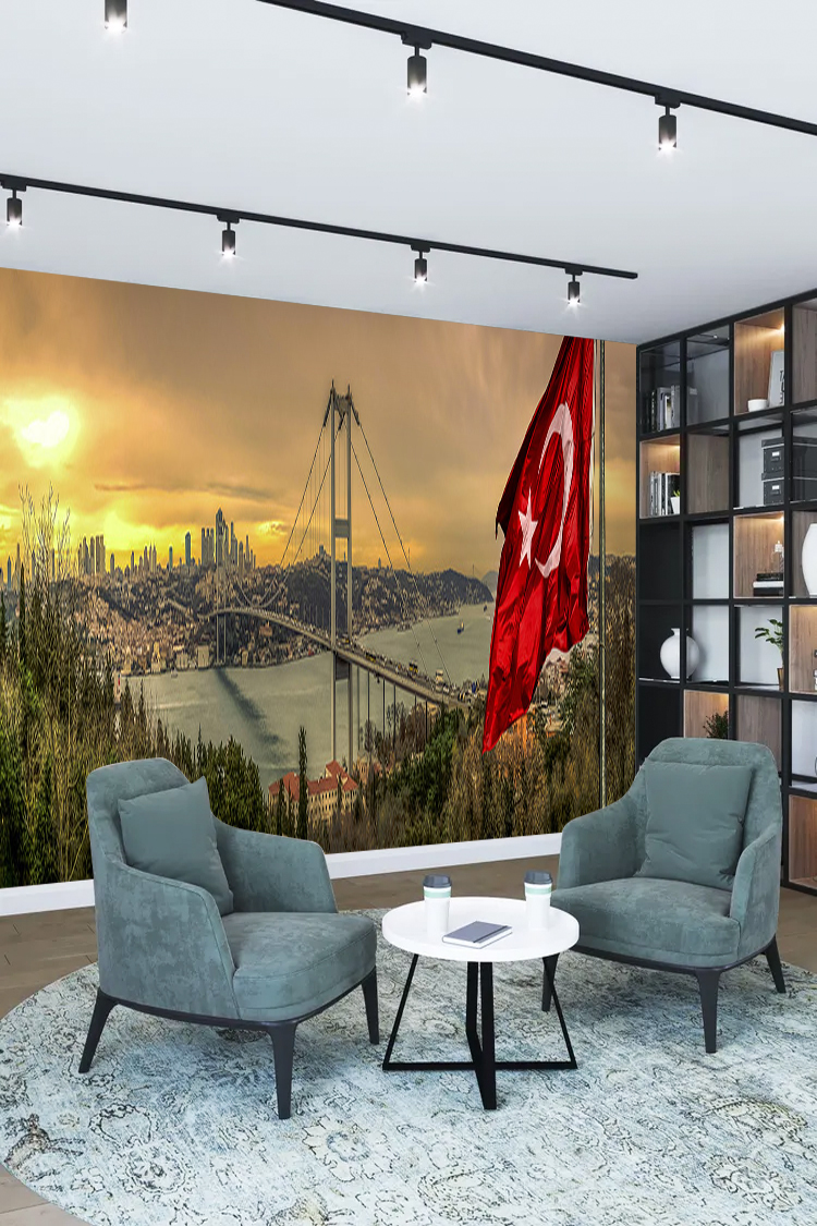 İstanbul Köprüsü ve Türk Bayrağı Temalı Duvar Kağıdı - Görsel 2