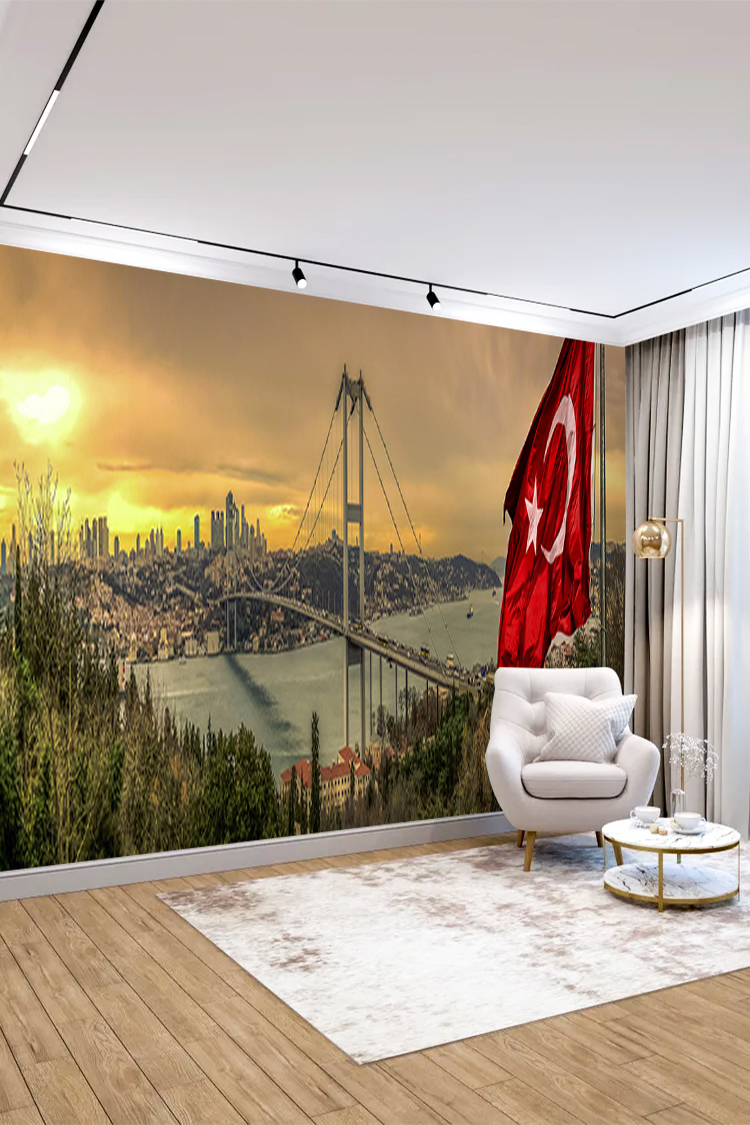 İstanbul Köprüsü ve Türk Bayrağı Temalı Duvar Kağıdı - Görsel 5