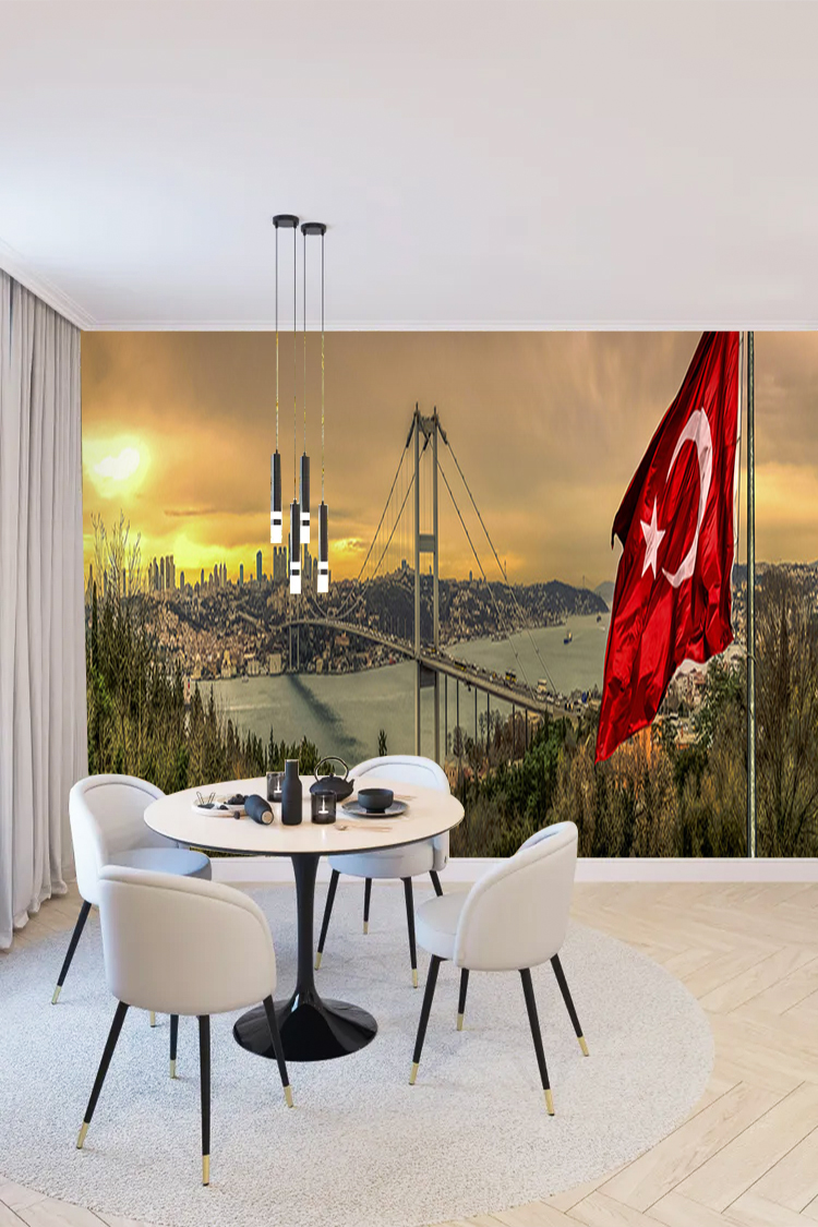 İstanbul Köprüsü ve Türk Bayrağı Temalı Duvar Kağıdı - Görsel 4