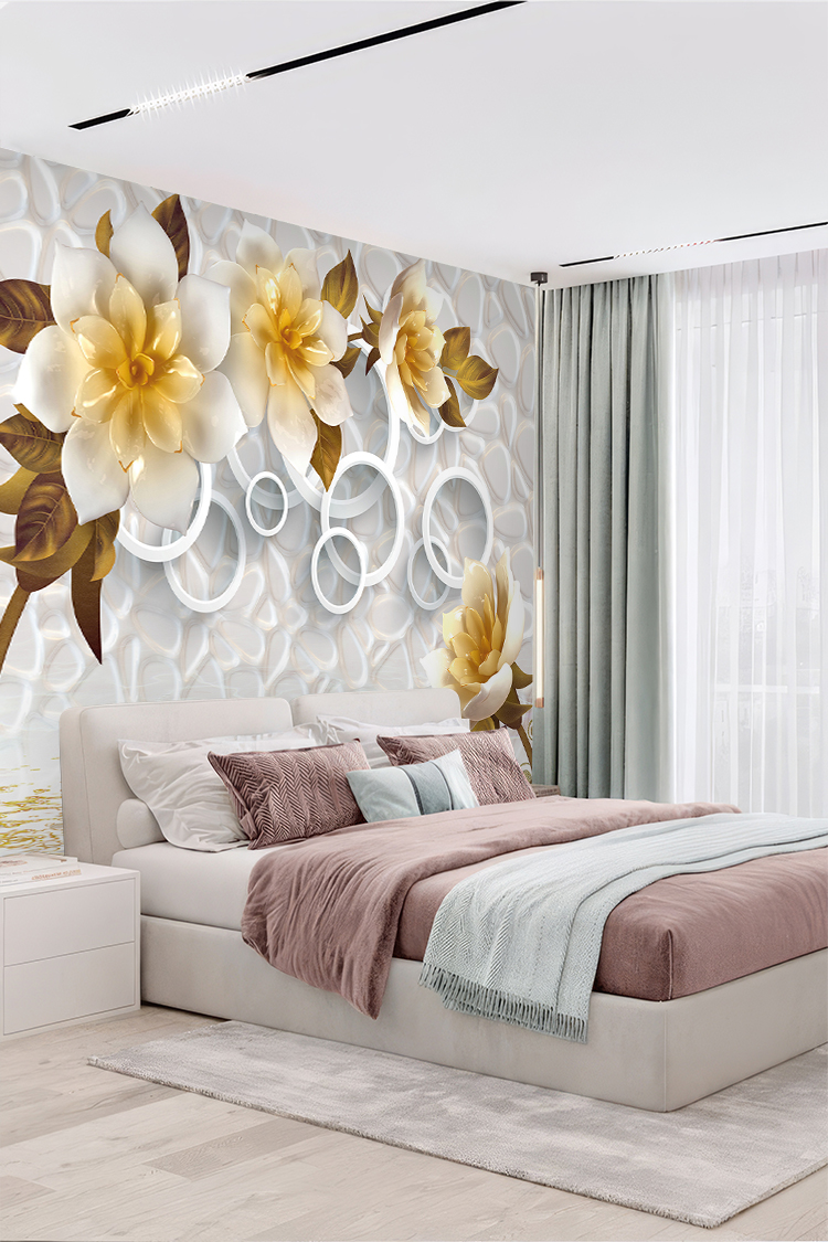 3D Sarı Beyaz Çiçekli ve Halkalı Modern Duvar Kağıdı - Görsel 5
