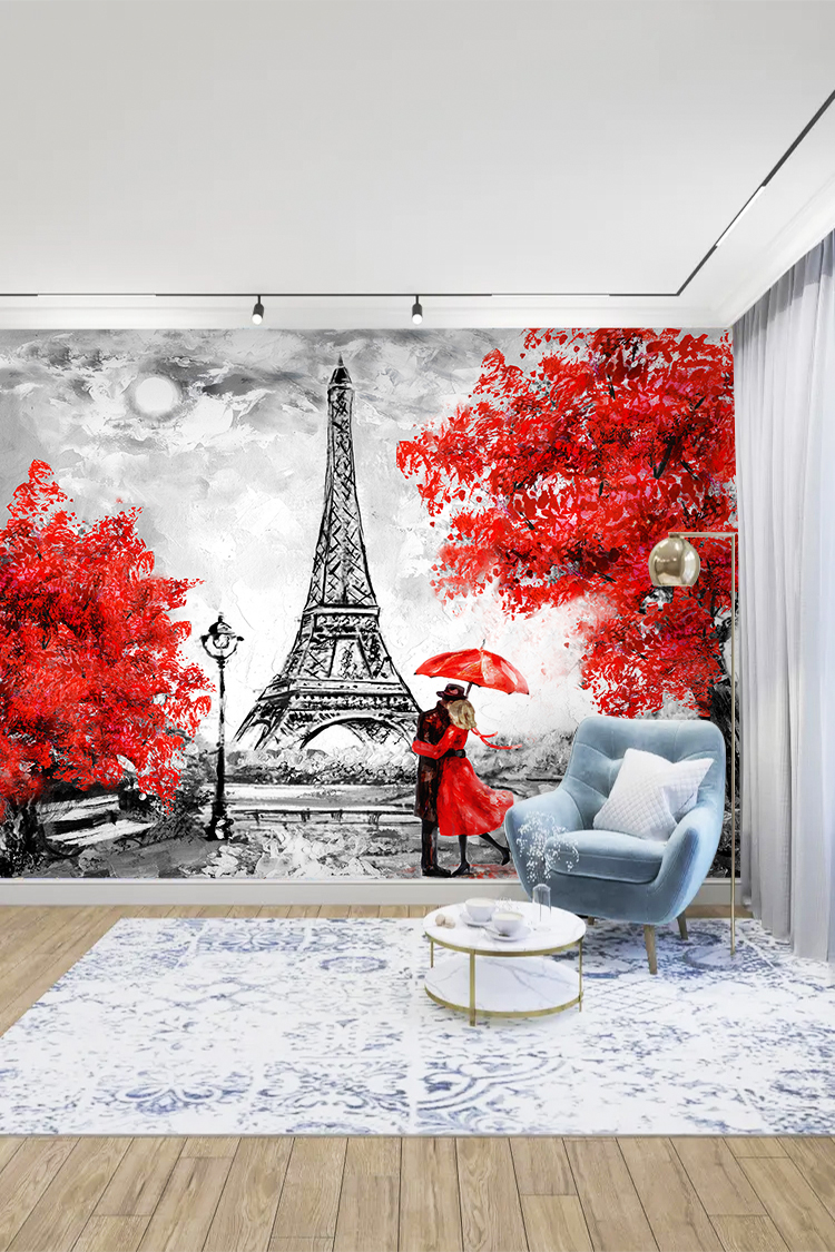 Paris Eyfel Kulesi ve Kırmızı Ağaçlar ile Romantik Manzara Duvar Kağıdı - Görsel 5