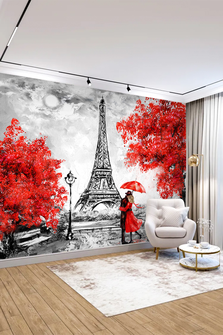 Paris Eyfel Kulesi ve Kırmızı Ağaçlar ile Romantik Manzara Duvar Kağıdı - Görsel 4