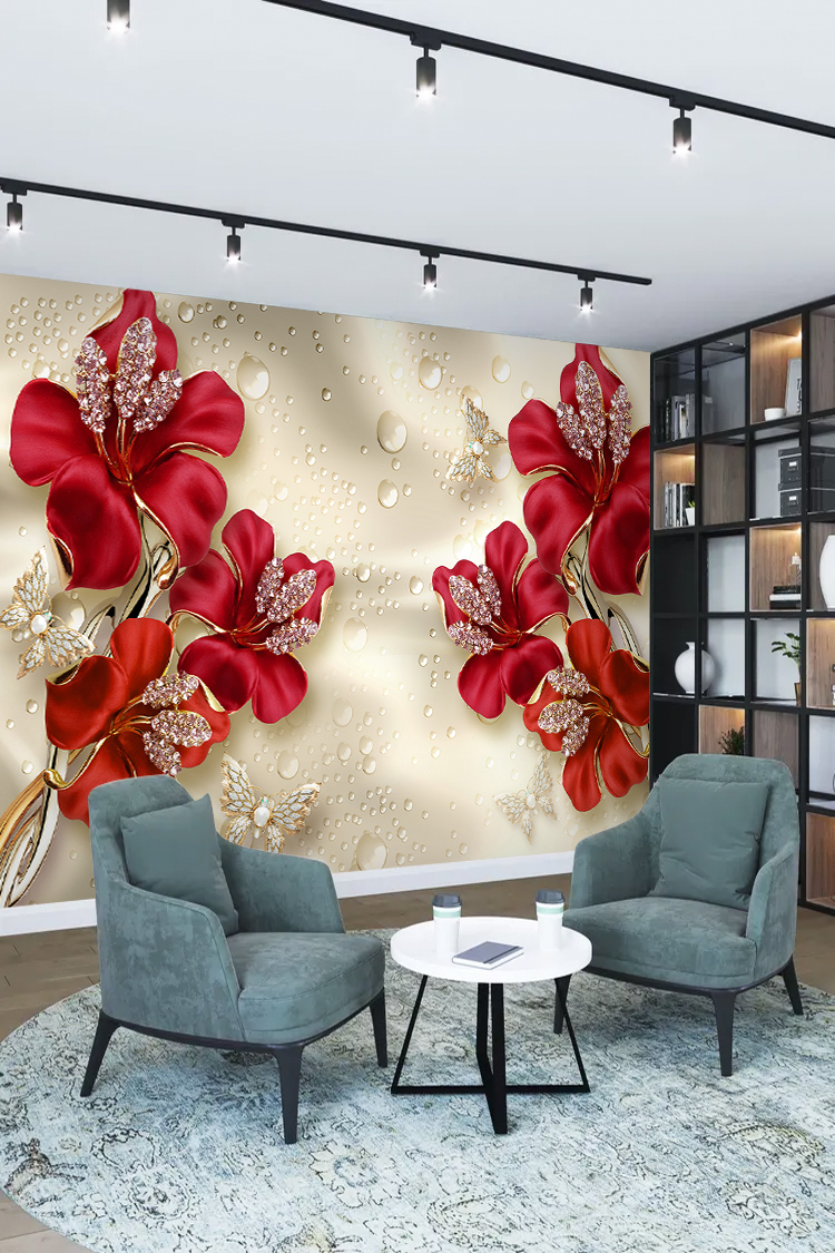 3D Kırmızı Çiçek Desenli Modern Duvar Kağıdı - Görsel 2