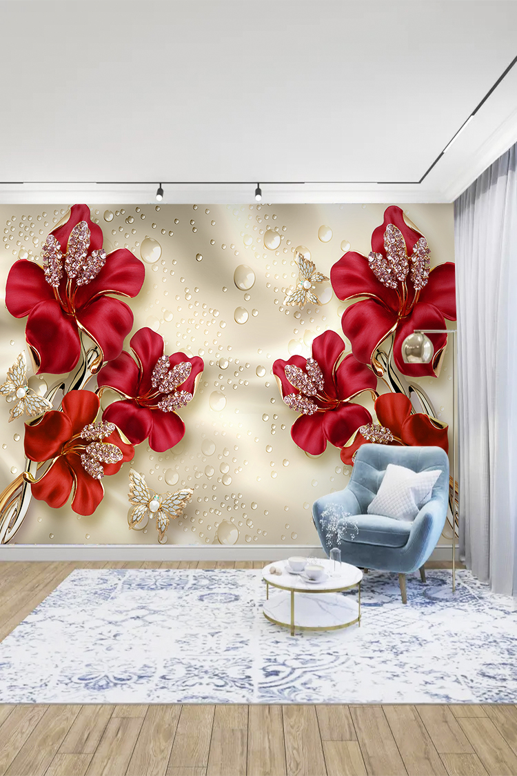 3D Kırmızı Çiçek Desenli Modern Duvar Kağıdı - Görsel 3