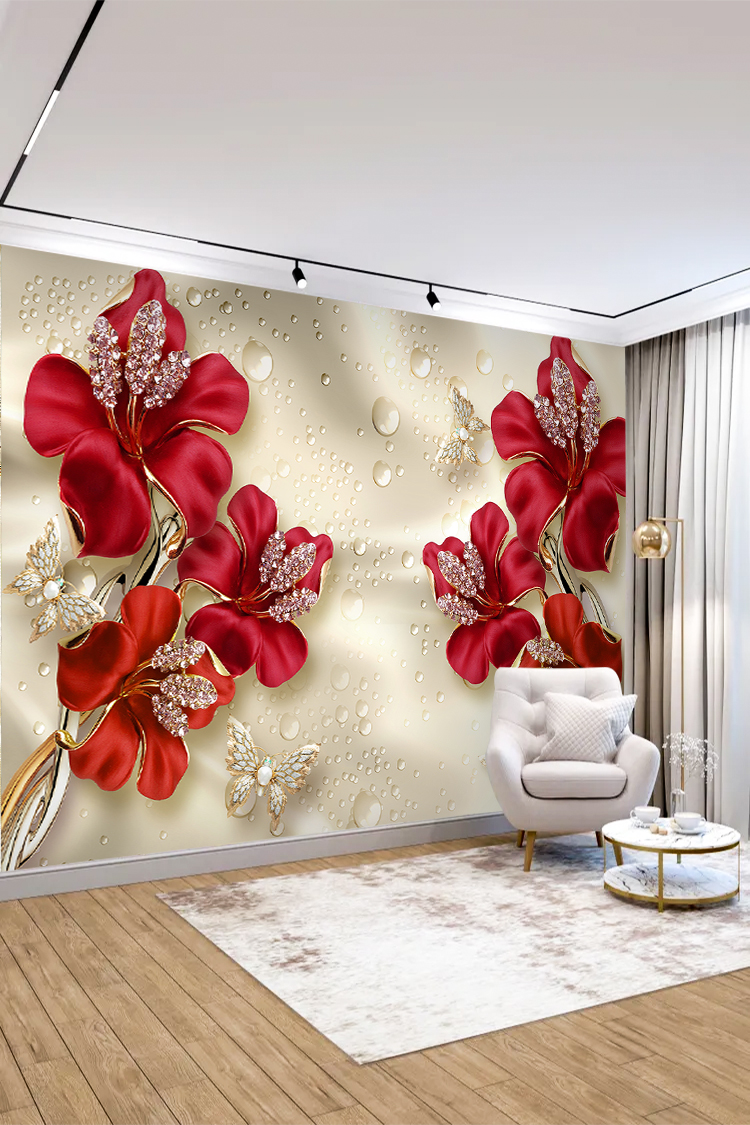 3D Kırmızı Çiçek Desenli Modern Duvar Kağıdı