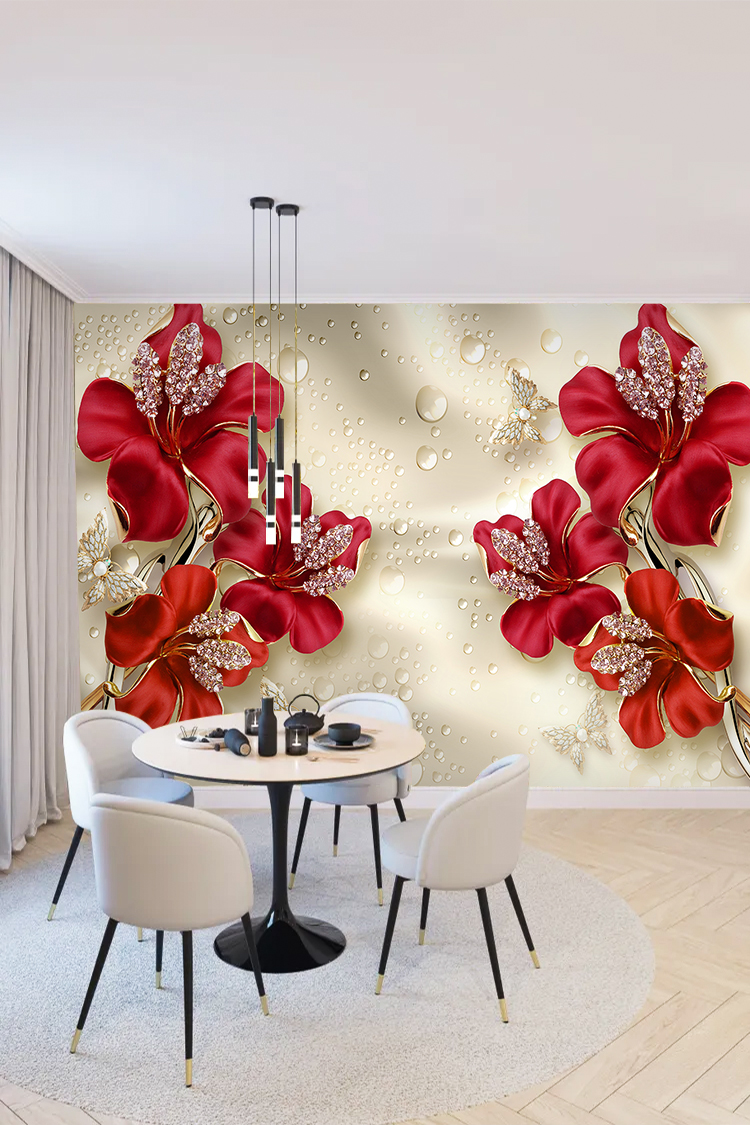 3D Kırmızı Çiçek Desenli Modern Duvar Kağıdı - Görsel 4