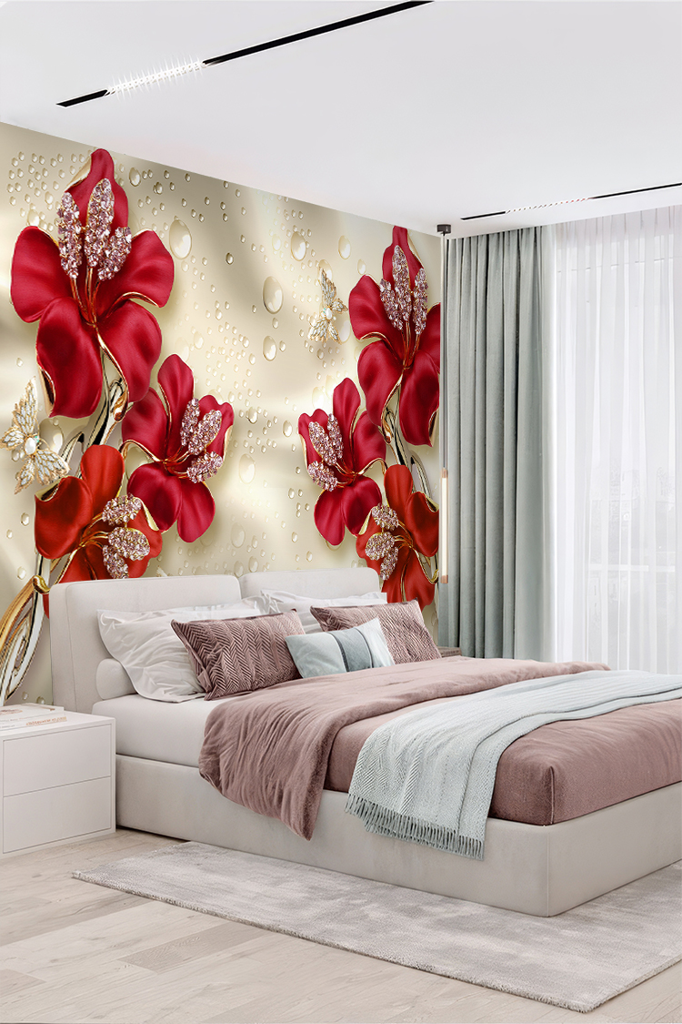 3D Kırmızı Çiçek Desenli Modern Duvar Kağıdı - Görsel 5