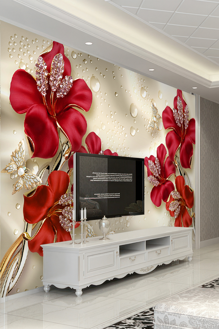 3D Kırmızı Çiçek Desenli Modern Duvar Kağıdı - Görsel 6