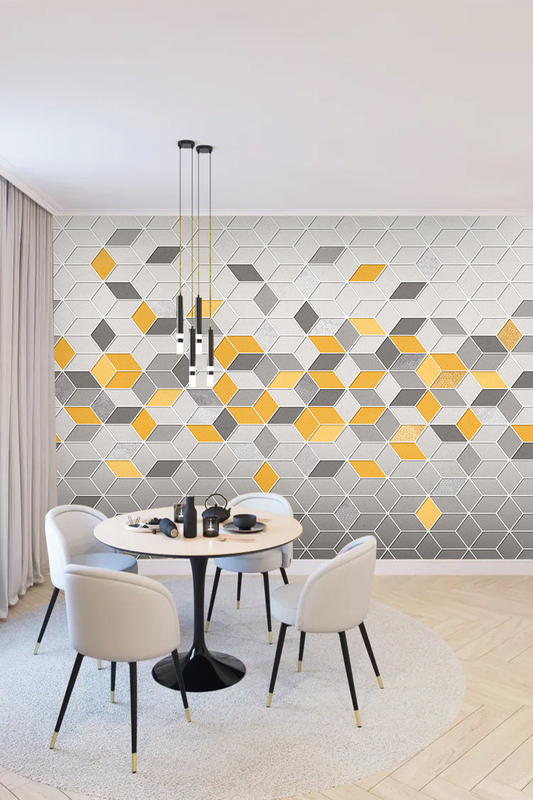 Sarı ve Gri Geometrik Hexagonal Desenli Duvar Kağıdı - Görsel 5
