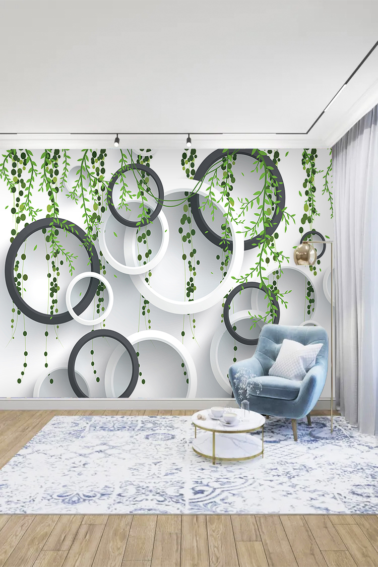 Modern Yeşil Bitki Desenli Geometrik Duvar Kağıdı - Görsel 3